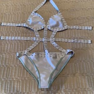 Sexy silver grey monokini/one piece w/silver studs